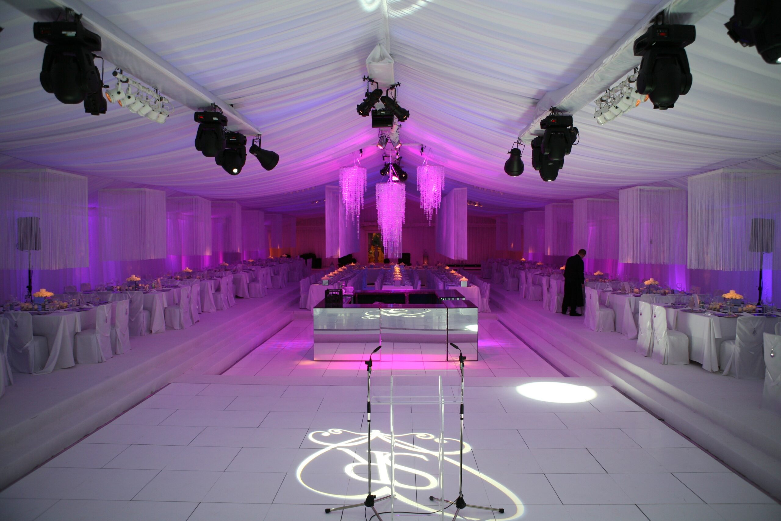 Wedding marquee dance floor with guests and evening lighting